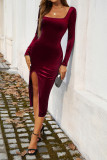 Square Neck Long Sleeves Split Dress 