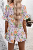 Purple Flower Printed Ruffle Sleeves Dress 