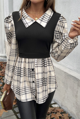 Houndstooth Colorblock Puff Sleeves Shirt 