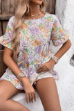 Purple Flower Printed Ruffle Sleeves Dress 