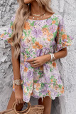 Purple Flower Printed Ruffle Sleeves Dress 