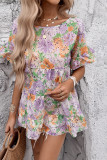 Purple Flower Printed Ruffle Sleeves Dress 