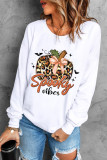 Beige Spooky Leopard Pumpkin Print Crew Neck Sweatshirt