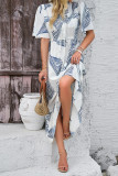 V Neck SHort Sleevs Leaves Print Dress 