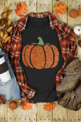 Black Glittering Pumpkin Graphic Halloween T Shirt