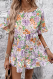 Purple Flower Printed Ruffle Sleeves Dress 