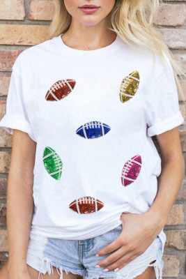 White Sequin Rugby Football Pattern Crewneck T Shirt