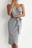 Grey Spaghetti Split Tie Waist Dress 