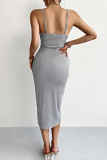 Grey Spaghetti Split Tie Waist Dress 