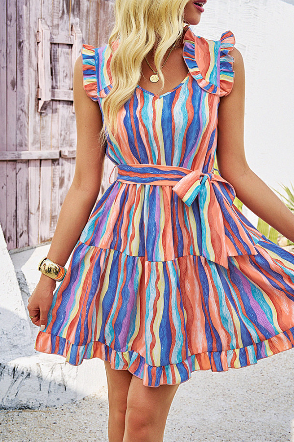 Sleeveless Ruffle Tie Waist Dress 