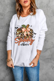 Beige Spooky Leopard Pumpkin Print Crew Neck Sweatshirt