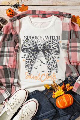 White SPOOKY WITCH Leopard Bowknot Bat Graphic Halloween T Shirt