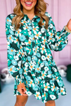 Green Floral Tiered Long Puff Sleeve Shirt Dress