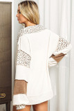 White Leopard Patchwork Turn-down Collar Waffle Top