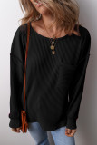 Black Solid Color Corded Drop Shoulder Long Sleeve Top