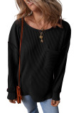 Black Solid Color Corded Drop Shoulder Long Sleeve Top