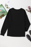 Black Solid Color Corded Drop Shoulder Long Sleeve Top