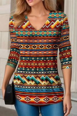 V Neck Aztec Print Long Sleeves Tpo 
