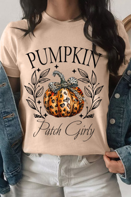 Khaki PUMPKIN Patch Girly Leopard Bowknot Pumpkin Graphic T Shirt