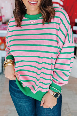 Pink Stripe Waffle Knit Crew Neck Plus Size Sweatshirt