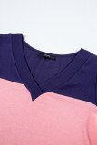 Blue Stripe Colorblock Button Decor Long Sleeve V Neck Top