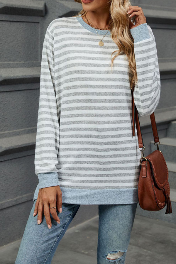 Crew Neck Stripes Splicing Long Sleeves Top 