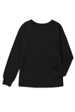 Black Solid Color Corded Drop Shoulder Long Sleeve Top