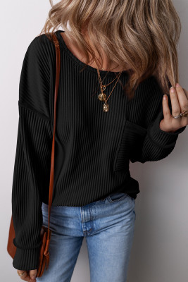 Black Solid Color Corded Drop Shoulder Long Sleeve Top