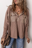 Dark Brown Flap Pocket Patchwork Corded Drawstring Hoodie