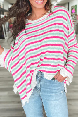 Rose Stripe Oversized Drop Shoulder Sweater with Pocket