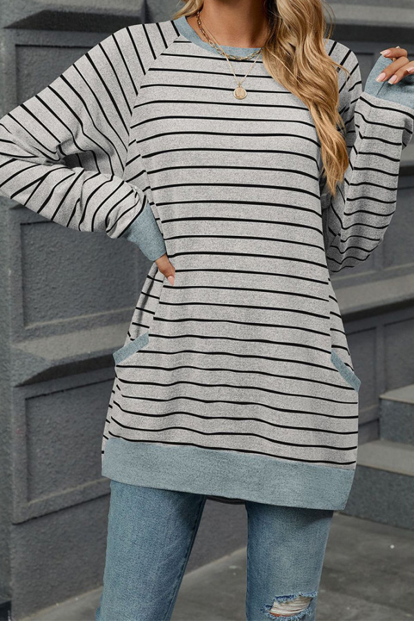 Stripes Crew Neck Pockets Top 