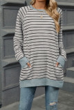 Stripes Crew Neck Pockets Top 