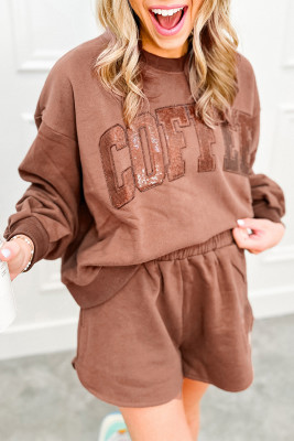 Straw Yellow Sequined COFFEE Loose Fit Sweatshirt and Shorts Set
