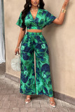 Green Printed Crop Top and Pants Set 