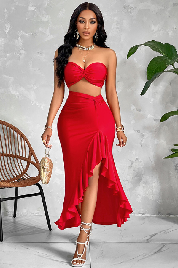 Red Tube Top and Ruffle Skirt Set 