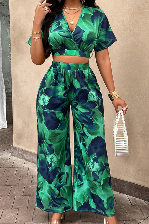 Green Printed Crop Top and Pants Set 