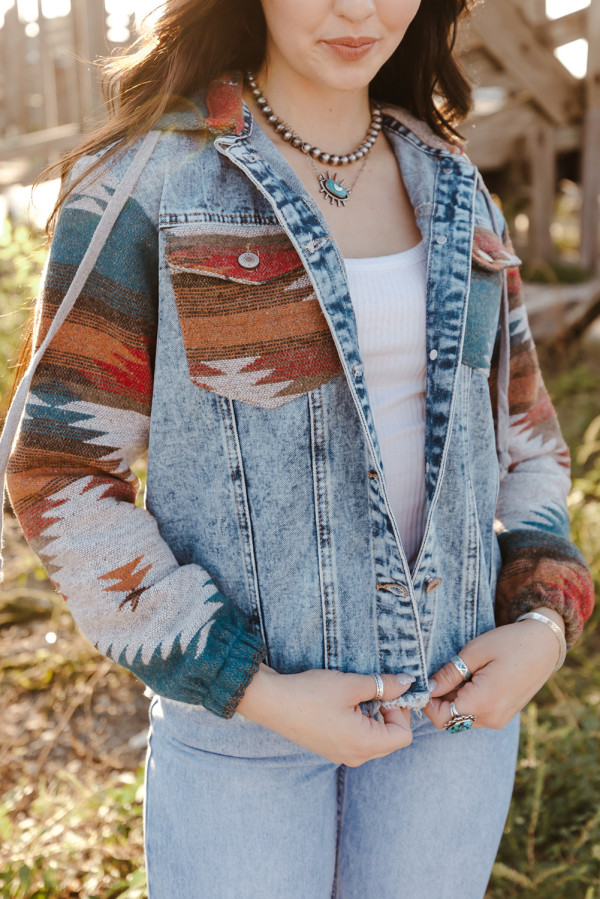 Multicolor Aztec Print Frayed Hem Denim Jacket