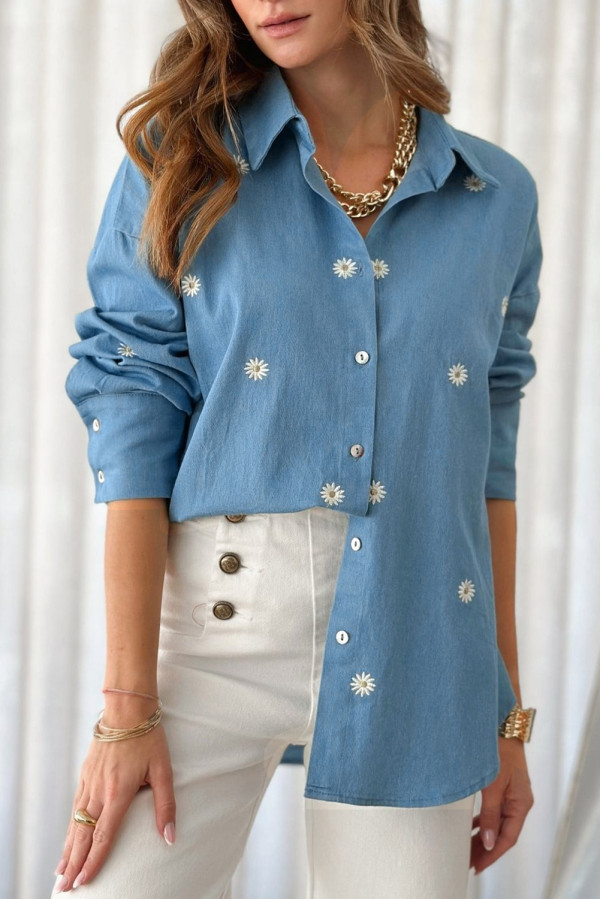 Dusk Blue Floral Embroidered Curved Hem Tunic Shirt