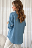 Dusk Blue Floral Embroidered Curved Hem Tunic Shirt