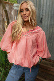 Apricot Pink Geometric Embroidered V Neck Puff Sleeve Blouse