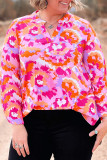 Pink Plus Size Abstract Floral Print V Neck Blouse