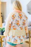 White Plus Size Floral Print V Neck Puff Sleeve Blouse