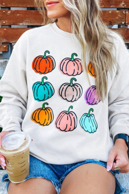 Beige Vibrant Pumpkins Print Crew Neck Halloween Sweatshirt