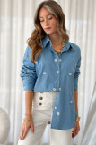 Dusk Blue Floral Embroidered Curved Hem Tunic Shirt