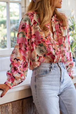 Red Floral Print Ruffled Stitch Buttoned Loose Fit Shirt