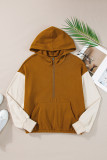 Chestnut Color Block Half Zip Kangaroo Pocketed Hoodie