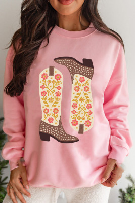 Pink Floral Cowgirl Boots Graphic Drop Shoulder Sweatshirt
