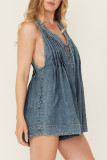 Distressed V Neck Denim Overall 