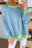 Sky Blue Stripe Contrast Trim High Low Pullover Tunic Sweatshirt