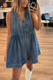 Distressed V Neck Denim Overall 